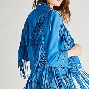 NWOT Free People X Understated Leather HOWDY Fringe Jacket in Blue Z469